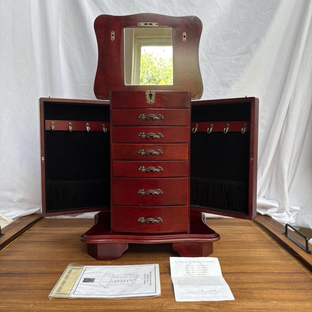 Thomas Pacconi TPC-JB-103 Cherry Jewelry Armoire Box w/ Manual Mirror 6 Drawer